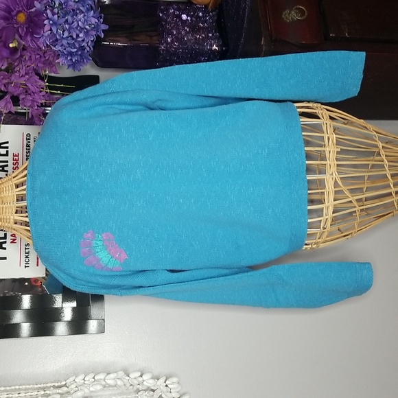 Large Aqua Blue Handpainted Fish Long Sleeve Light Knit Cotton Sweater - Picture 3 of 9